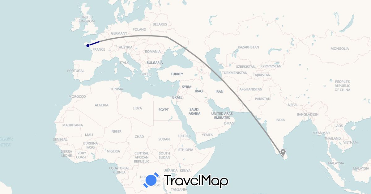 TravelMap itinerary: driving, plane, train in France, Sri Lanka, Ukraine (Asia, Europe)